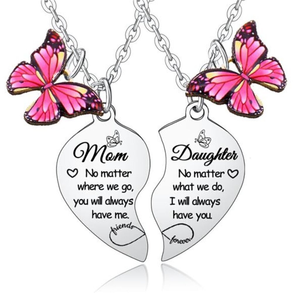 2 PCs Mother Daughter Heart Matching Pendant Necklaces Set for Mom Daughter
